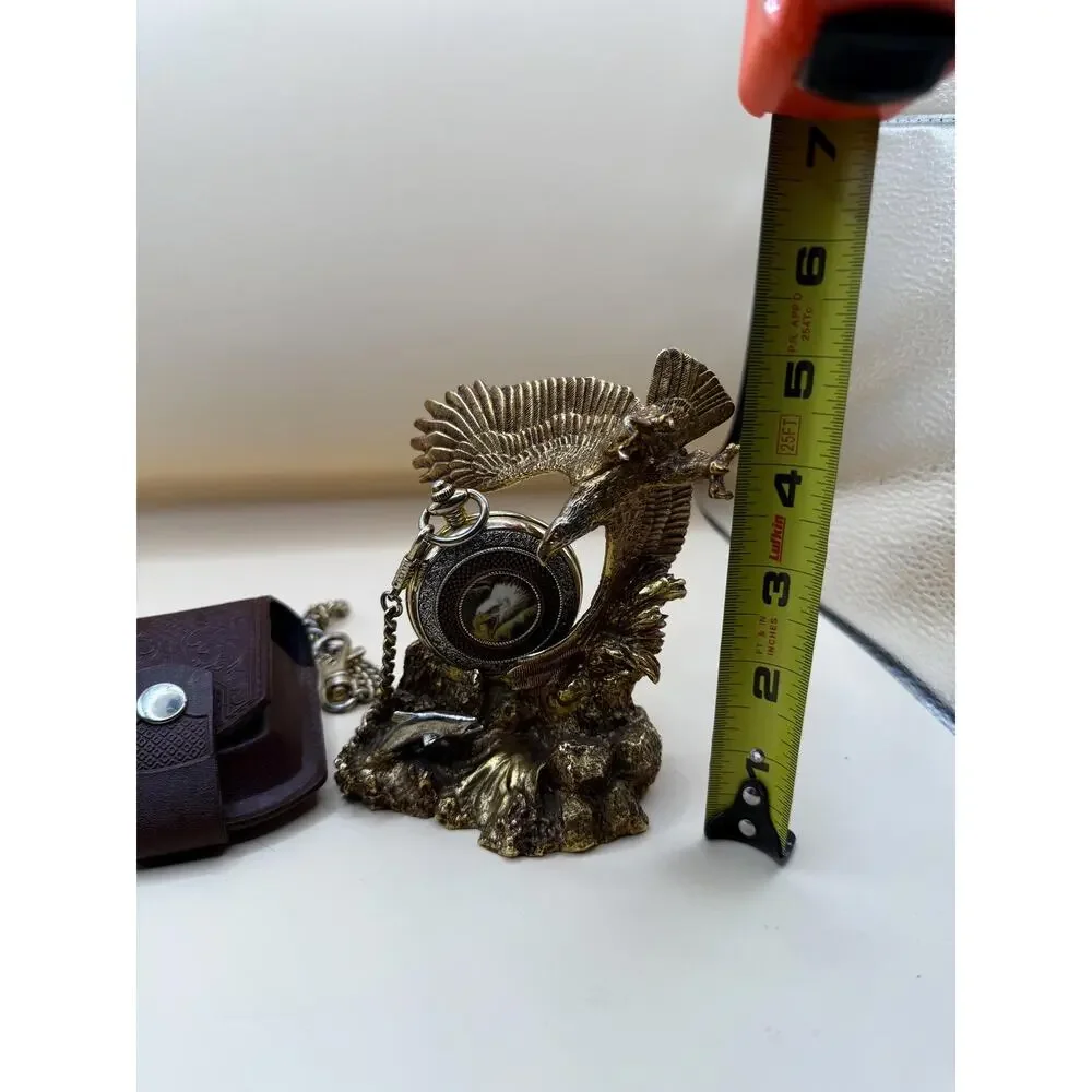 VTG Franklin Mint Bald Eagle Pocket Watch by Ted Blaylock Stand, Chain & Pouch